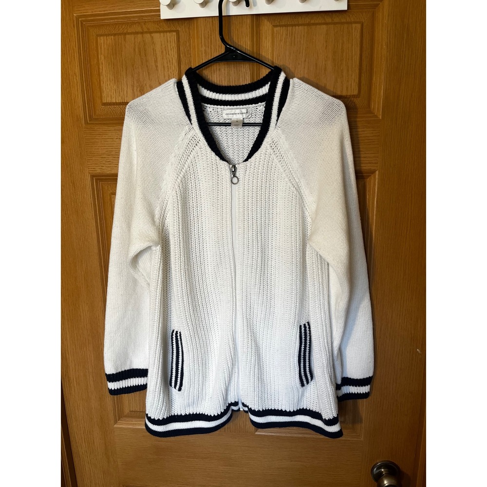Christopher & Banks White Navy Stripe Zip Cardigan Sweater XL Coastal Prep